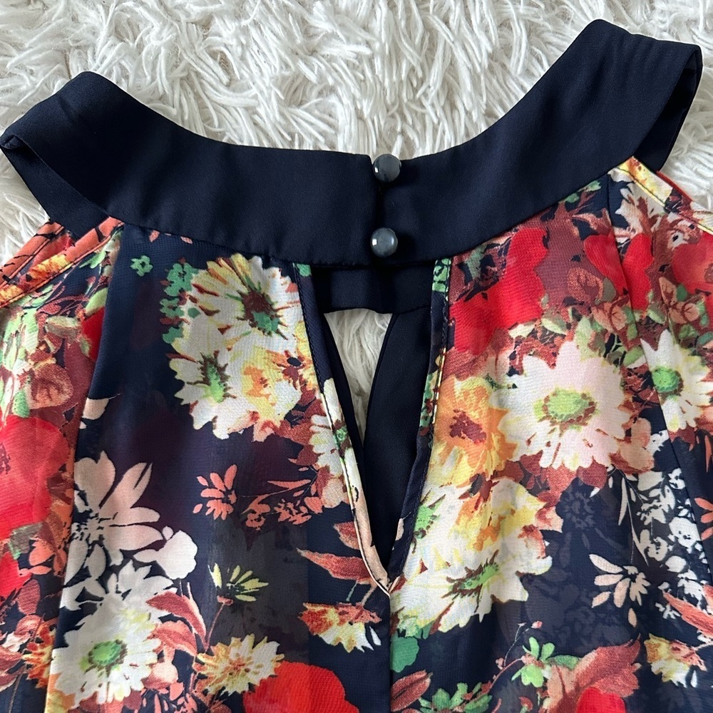 BCX Red and Navy Blue Floral Blouse Puff Sleeve Mandarin Collar - Picture 5 of 9